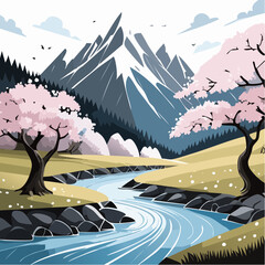 A contemporary cartoon scene showing a spring mountain river with old cherry blossom trees. The picturesque view includes blue water, pink petals from cherry blossoms, grass-covered hills, glaciers