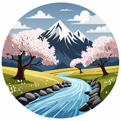 A contemporary cartoon scene showing a spring mountain river with old cherry blossom trees. The picturesque view includes blue water, pink petals from cherry blossoms, grass-covered hills, glaciers