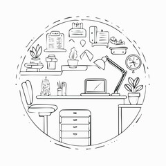 Line style icons of workplace wellbeing: water break, desk stretch, standing desk, wellness break, nap pod, ergonomic chair, nature plant, work-life balance.