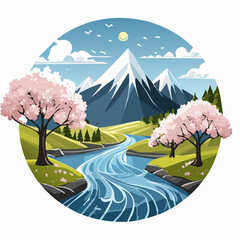 A contemporary cartoon scene showing a spring mountain river with old cherry blossom trees. The picturesque view includes blue water, pink petals from cherry blossoms, grass-covered hills, glaciers