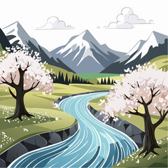 A contemporary cartoon scene showing a spring mountain river with old cherry blossom trees. The picturesque view includes blue water, pink petals from cherry blossoms, grass-covered hills, glaciers
