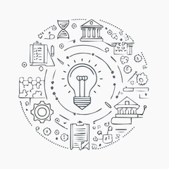 Line style icons of innovations and discoveries: lightbulb idea, breakthrough badge, patent document, Nobel prize icon, invention gear, eureka symbol, research grant icon, innovation timeline.