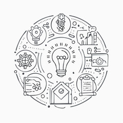 Line style icons of innovations and discoveries: lightbulb idea, breakthrough badge, patent document, Nobel prize icon, invention gear, eureka symbol, research grant icon, innovation timeline.