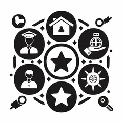 Solid style icons of team roles and permissions: team leader star, admin key, editor badge, viewer icon, role switch, access toggle, guest icon, owner crown.