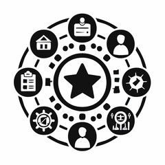 Solid style icons of team roles and permissions: team leader star, admin key, editor badge, viewer icon, role switch, access toggle, guest icon, owner crown.