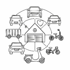 Line style icons of personal vehicles: car front, motorcycle, electric scooter, bicycle, minivan, pickup truck, classic car, garage icon.
