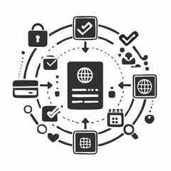 Solid style icons of account verification: ID with check, profile confirmed, identity badge, KYC complete, passport approved, verified user icon, selfie check, document confirmation.
