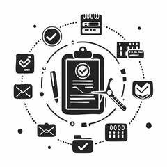 Solid style icons of account verification: ID with check, profile confirmed, identity badge, KYC complete, passport approved, verified user icon, selfie check, document confirmation.