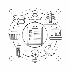 Line style icons of power use planning: kilowatt diary, low-use hour icon, off-peak marker, demand curve chart, week trend line, daily usage cap, high-consumption flag, energy plate icon.