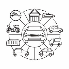 Line style icons of personal vehicles: car front, motorcycle, electric scooter, bicycle, minivan, pickup truck, classic car, garage icon.