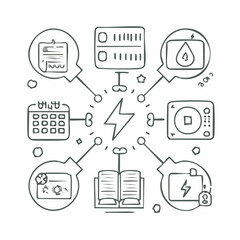 Line style icons of power use planning: kilowatt diary, low-use hour icon, off-peak marker, demand curve chart, week trend line, daily usage cap, high-consumption flag, energy plate icon.