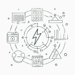 Line style icons of power use planning: kilowatt diary, low-use hour icon, off-peak marker, demand curve chart, week trend line, daily usage cap, high-consumption flag, energy plate icon.