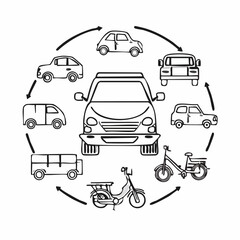 Line style icons of personal vehicles: car front, motorcycle, electric scooter, bicycle, minivan, pickup truck, classic car, garage icon.