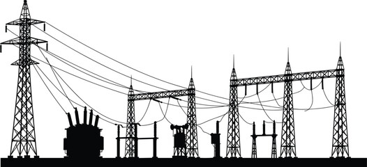  Electric power substation vector illustration, high voltage transmission towers, electricrk