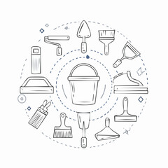 Line vector icons of construction and repair: mixing paddle, plaster bucket, stucco trowel, hawk board, corner trowel, surface float, render mesh, wet sponge.