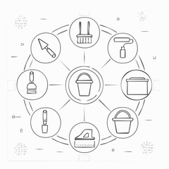 Line vector icons of construction and repair: mixing paddle, plaster bucket, stucco trowel, hawk board, corner trowel, surface float, render mesh, wet sponge.