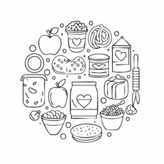 Line style icons of healthy snacks: apple slice, nut bag, veggie sticks, hummus dip, energy ball, yogurt cup, rice cake, smoothie jar.