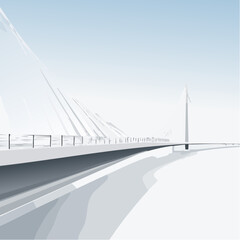 Modern white bridge curving gracefully into the horizon, a clean and elegant design blending seamlessly with the soft blue sky