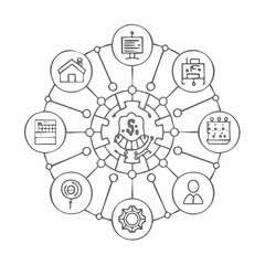 Line style icons of business innovation: business network icon, stakeholder map badge, connection flow chart, partner ecosystem layout, collaboration circle panel, digital contact list,