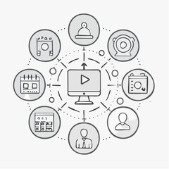 Line style icons of team meetings and video collaboration: video call icon, team sync badge, scheduled Zoom icon, camera + calendar tile, daily standup screen, speaker tile, shared screen tag,