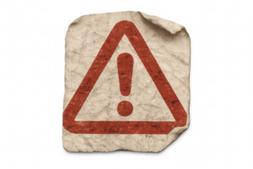 Vintage warning sign on crumpled paper with exclamation mark, cautioning about danger, risk, or security issues