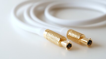 White coaxial cable with gold connectors for tv antenna internet connection close up macro shot hdmi cable