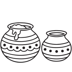 Decorative clay pots with intricate patterns, one overflowing with liquid, symbolizing abundance and celebration during a festive occasion, ideal for cultural and artistic themes