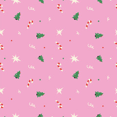 Cute Christmas seamless pattern with candy cane, stars on pink background for holiday design.