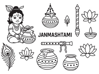 Janmashtami set, Hindu festival celebrating. Joyful child playing musical instrument, traditional festival symbols, celebrating cultural heritage and spirituality during a vibrant festival