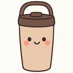 Cute cartoon illustration of a smiling coffee cup with a brown lid and handle, featuring rosy cheeks, perfect for conveying warmth and joy in beverage-related designs