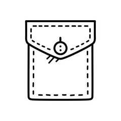 Simple line drawing of a clothing pocket with a button closure and dashed stitching details on a transparent background