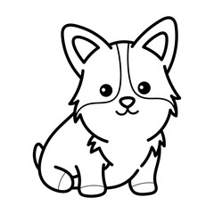 Simple Line Drawing of a Cute Corgi Puppy Sitting and Looking Forward with a White Background and Black Outlines