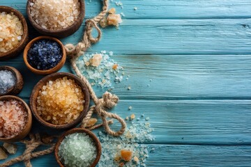 Plakat Close up flat lay of different types of sea salt in bowls