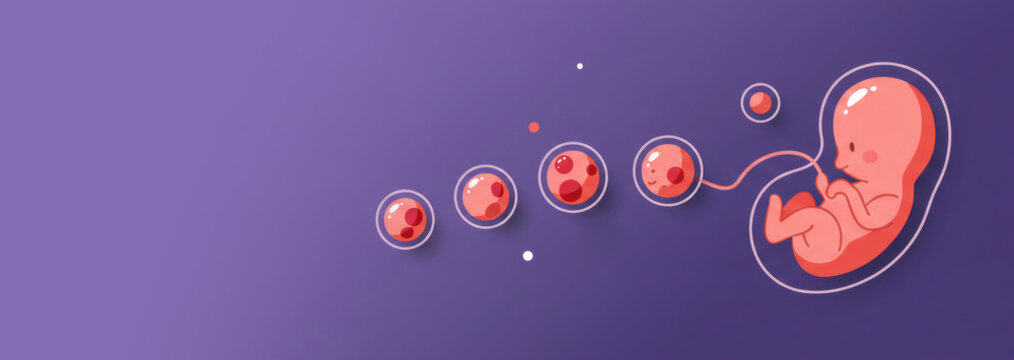 Human embryo development stages beginning with cell division to fetal growth. Reproductive science, IVF concept. Medical biology banner template.