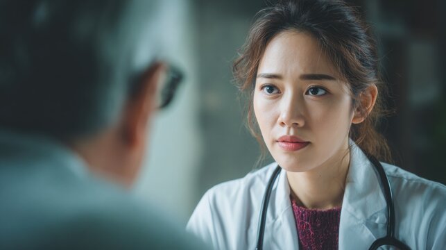 Young female doctor listening attentively to patient with empathetic expression, reflecting trust, human communication and professional medical care