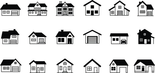 House icon collection, residential building vector set, modern home symbols, real estate illustration, architecture concept, minimalist housing design, black and white property icons