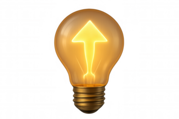 Light bulb with glowing up arrow filament representing idea, growth, innovation, and progress, transparent background