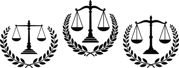  Law balance scale symbol, justice court emblem, legal equality sign, attorney logo vector, laurel wreath illustration, fairness concept, judicial design