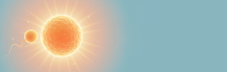 Sperm cell approaching a glowing egg cell, representing human fertilization and reproduction concept for medical and biological study.