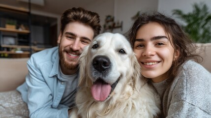 a happy couple with their dog in a cozy living room setting