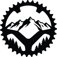 Mountain bike gear logo vector illustration, bicycle chainring with mountain and forest landscape, adventure cycling design, outdoor exploration, travel, and nature sports emblem artwork