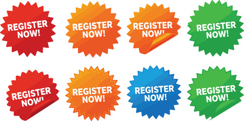  Register now stickers collection, colorful sale badges set, promotional vector labels for marketing, web banner, website button, advertising campaign, registration call icons