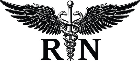  Registered Nurse RN Caduceus symbol vector illustration, medical staff logo with wings and snakes, healthcare emblem, nursing profession design, hospital medicine icon