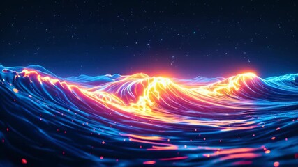 Futuristic glowing neon waves of light energy flowing across digital ocean under starry sky - Powered by Adobe