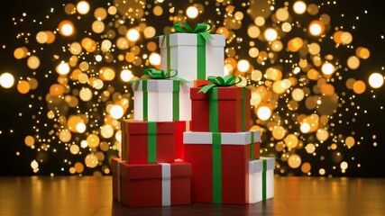 A festive stack of red and white Christmas presents with green ribbons. Holiday gift boxes against a shimmering golden bokeh background. 3D animation for a celebration - Powered by Adobe