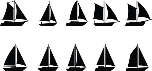  Sailboat silhouette vector collection, black yacht icons, sailing ship illustration set, marine design elements for nautical, travel, and ocean adventure concept