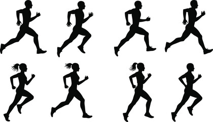  Running silhouettes vector illustration, male and female runners in motion, athletic exercise poses, jogging training icons, fitness sport concept, black silhouette design