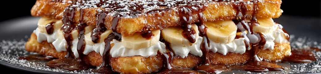 a layered dessert with bananas, powdered sugar, and syrup