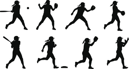 Silhouette of female softball players in action, women sports vector, baseball training poses, hitting, pitching, fielding, running, competition illustration design