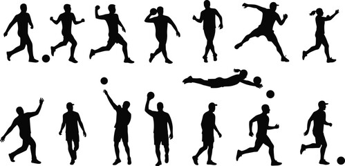 Silhouette athletes playing sports, running, jumping, throwing, kicking, and catching ball vector illustration, dynamic sports actions, fitness, teamwork, and competition concept design